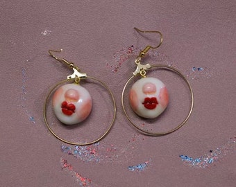 Vintage ceramic doll small mouth hand-painted small lips personality red lips Halloween earrings ear clip ear hookClown baby