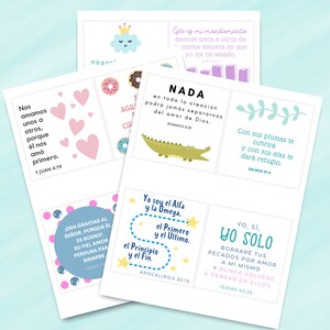 May include: Colorful printable cards with bible verses and illustrations. The cards feature a pink heart, a donut, a green alligator, a blue cloud, a yellow star, and a blue circle with text. The text on the cards includes bible verses such as "1 John 4:19", "Romans 8:39", "Psalms 91:4", "John 15:12", "Apocalypse 22:13", "Isaiah 43:25", and "Psalms 34:8".