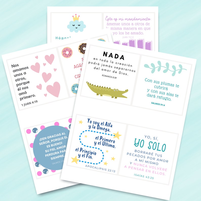 May include: Colorful printable cards with bible verses and illustrations. The cards feature a pink heart, a donut, a green alligator, a blue cloud, a yellow star, and a blue circle with text. The text on the cards includes bible verses such as "1 John 4:19", "Romans 8:39", "Psalms 91:4", "John 15:12", "Apocalypse 22:13", "Isaiah 43:25", and "Psalms 34:8".