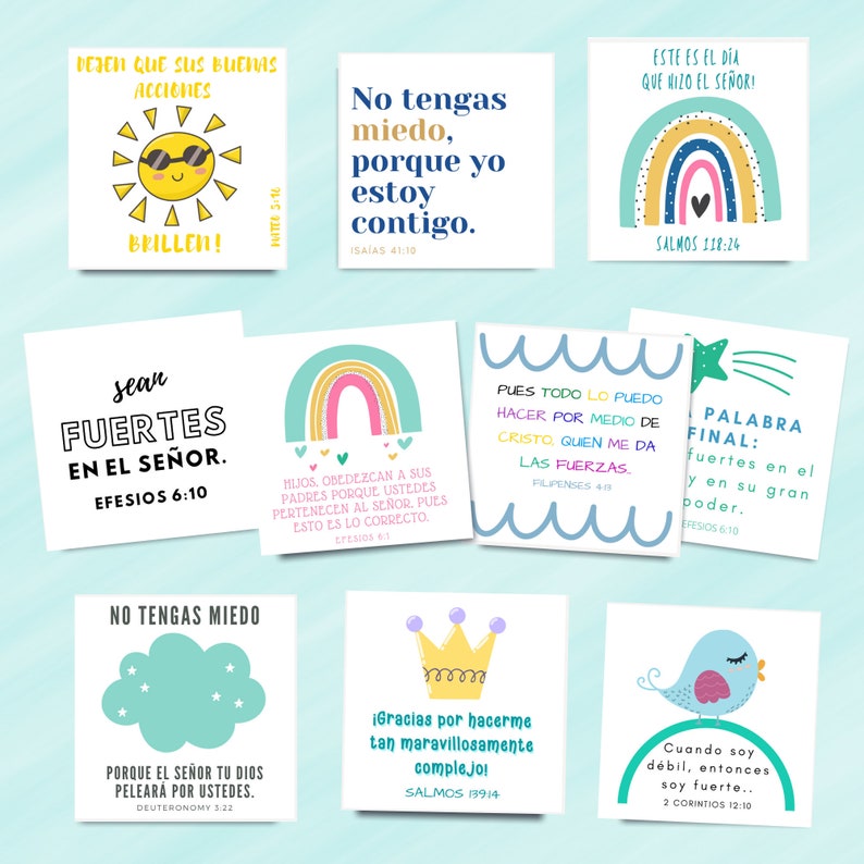 May include: A set of ten colorful printable cards with inspirational quotes and illustrations. Each card features a different design, including a sun, a rainbow, a crown, a bird, and a cloud. The cards include bible verses and encouraging messages.