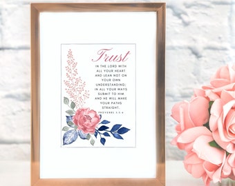 Trust in the Lord With All Your Heart, Proverbs 3 5-6 Printable, Bible Verse Printable Wall Art, Christian Quote, Instant Download, 8 x 10