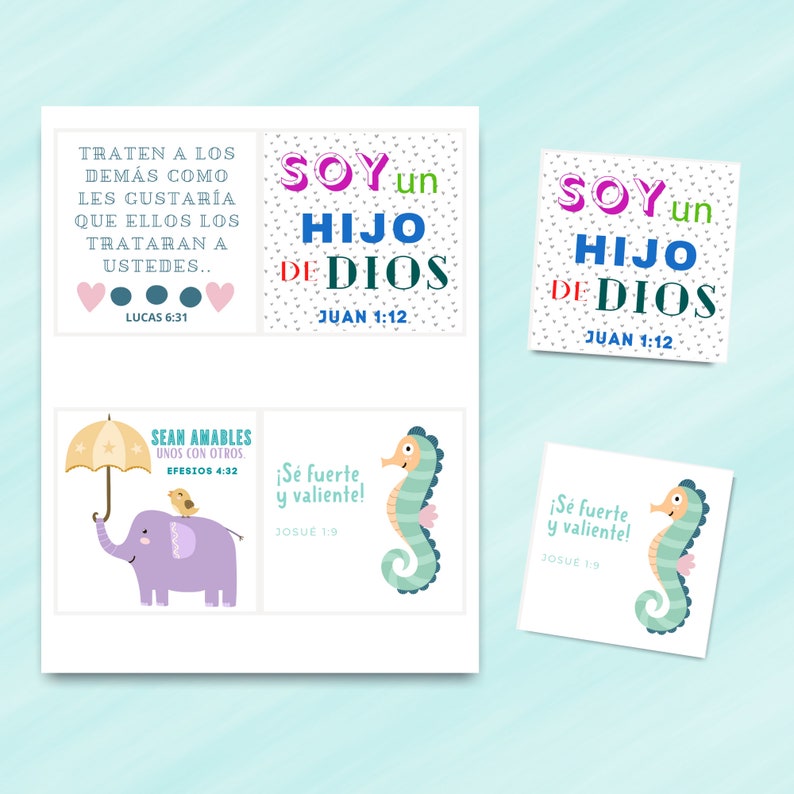 May include: A set of printable cards with colorful illustrations and inspirational messages. The cards feature a seahorse, an elephant, and an umbrella. The text on the cards includes Bible verses and encouraging phrases like "Soy un hijo de Dios" and "Se fuerte y valiente!"
