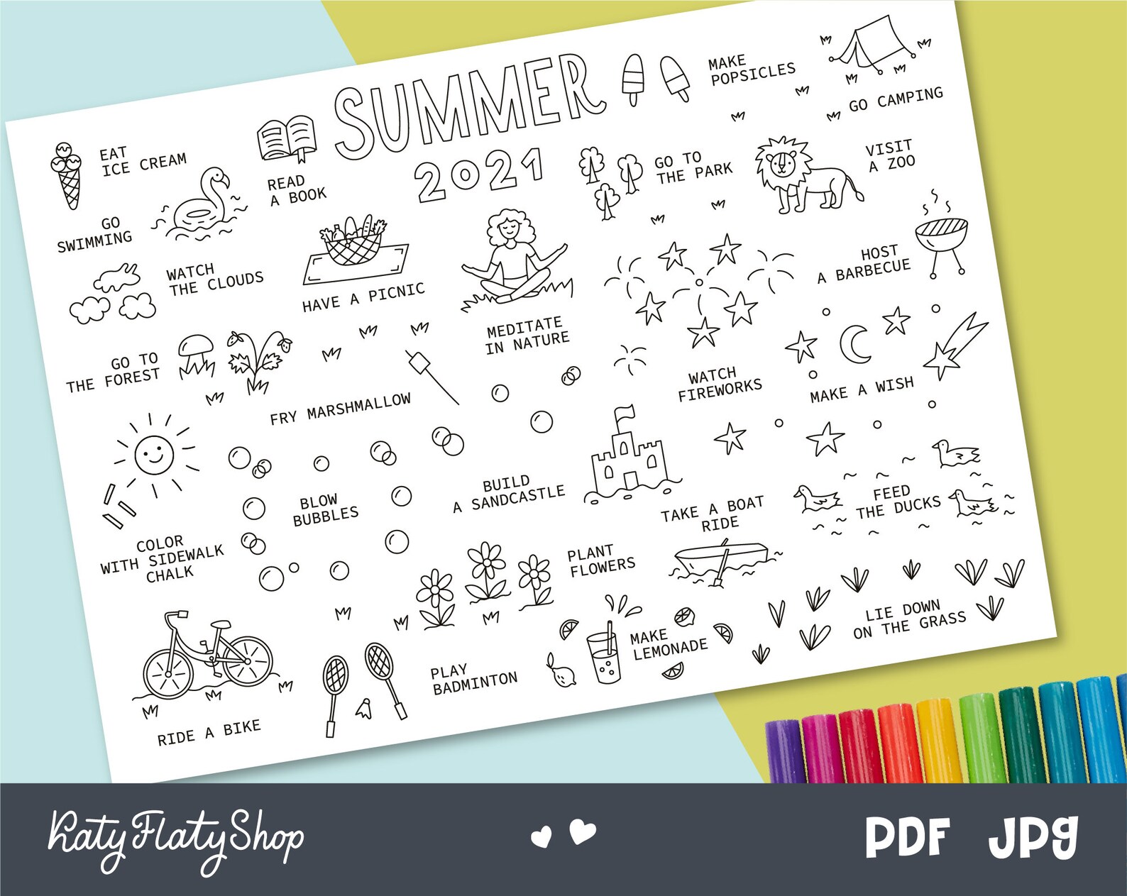 Summer Bucket List printable Coloring page Summer 2021 | Etsy