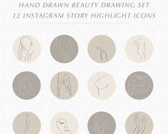 Feminine Beauty Drawings/ Body, Face, Arms, Hands Line Art Instagram Highlight Icons, Aesthetic Story Sticker Blogger, Influencer, Boutiques