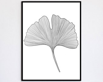 Impresión minimalista de una sola hoja de ginkgo, arte lineal de flores y plantas, póster en blanco y negro, impresión artística delicada, arte mural de ginkgo, diseño digital