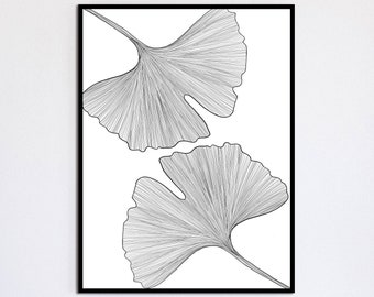Impresión minimalista de hojas de ginkgo, arte lineal de flores y plantas, póster en blanco y negro, impresión artística delicada, arte mural de ginkgo, diseño digital