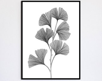 Impresión minimalista de rama/hoja de ginkgo, arte lineal de flores/plantas, póster en blanco y negro, impresión artística delicada, arte mural de ginkgo, diseño digital