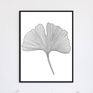Impresión de hoja de ginkgo minimalista única, arte de línea de flores / plantas, póster en blanco y negro, impresión de arte delicado, arte de pared de ginkgo, diseño digital