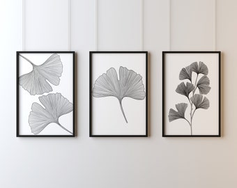 Set of 3 Minimalist Ginkgo Leaf Prints, Flower/Plant Line Art, Black and White Poster, Delicate Art Print, Ginkgo Wall Art, Digital Design