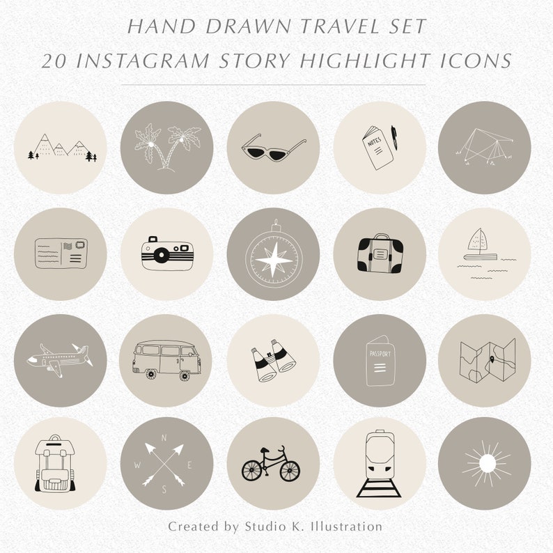 May include: Set of 20 hand-drawn travel icons for Instagram story highlights. The icons are in black and white and feature various travel-related themes, such as mountains, palm trees, sunglasses, a compass, a suitcase, a sailboat, an airplane, a van, binoculars, a passport, a map, a backpack, a bicycle, a train, and a sun.