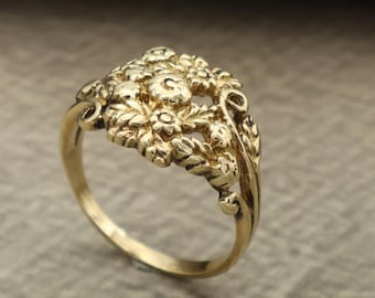 Vintage Floral Messing Ring, verstellbare Blume Statement Ring, Boho Botanischer Schmuck, handgemachte Natur inspiriert Geschenk für sie, zierlicher Goldring