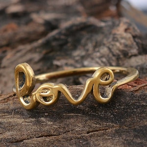 Anillo con texto de amor, delicado anillo para el meñique, anillo dorado con la palabra "amor", anillo minimalista con estilo, delicado anillo con letra cursiva, regalo para damas.