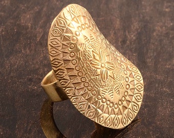 Handmade Brass Ring, Adjustable Statement Ring, Boho Ethnic Tribal Jewelry, Vintage Style Engraved Big Oval Ring, Birthday Gift,