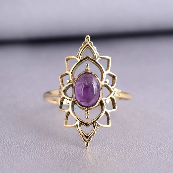 Amethyst Ring, Brass Amethyst Ring, Handmade Brass Ring, Gemstone Ring, Pure Brass Ring, Dainty Ring, Vintage Ring, Couple Rings, OM-2-lkkh,