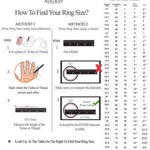 May include: A chart showing two methods for determining ring size. The first method uses a piece of twine or thread to measure the circumference of a finger. The second method uses a ruler to measure the inner diameter of a ring. A table lists ring sizes in millimeters, inches, and UK sizes.