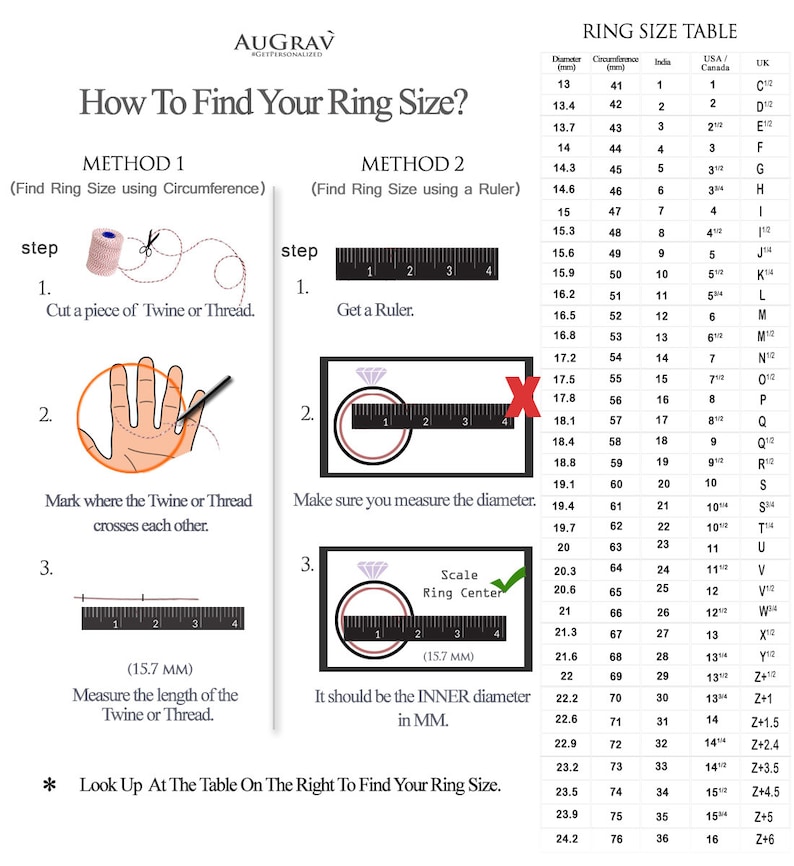 May include: A chart showing two methods for determining ring size. The first method uses a piece of twine or thread to measure the circumference of a finger. The second method uses a ruler to measure the inner diameter of a ring. A table lists ring sizes in millimeters, inches, and UK sizes.