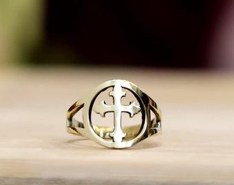 Anel de cruz de ouro, anel fino empilhável, anéis de noivado, anel cristão, joias feitas à mão, anel mindinho, anel de latão