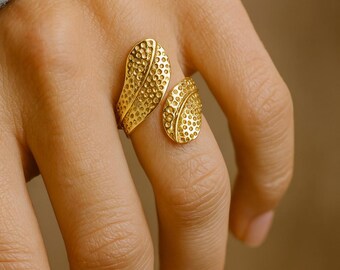 Adjustable Gold Leaf Brass Textured Ring, Unique Boho Statement Jewelry for Women, Handmade Artisan Wrap Ring, Vintage Inspired Gift
