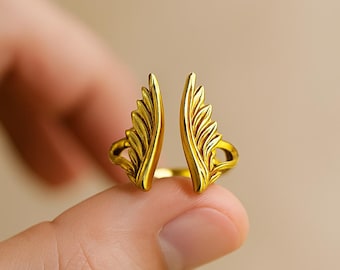 Angel Wings Handmade Ring, Gold Angel Ring, Guardian Angel Jewelry, Dainty Unique Celestial Gift for Women, Open Wing Statement Ring