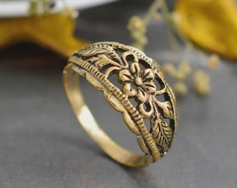 Vintage Floral Messing Ring, Boho Open Work Blumenband, antiker Stil Statement Ring, einzigartige Natur Schmuck, einstellbares Geschenk für sie