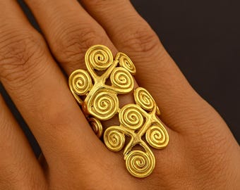 Gold Spiral Statement Ring | Vintage-Inspired Brass Spiral Wrap Ring | Handcrafted Ring for Boho Chic Style, Unique Jewelry Gift for Her