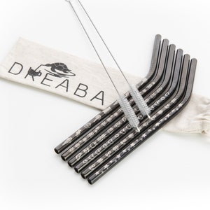 Stainless steel design drinking straw SET engraved-The Original (curved/black or blue/symbols)