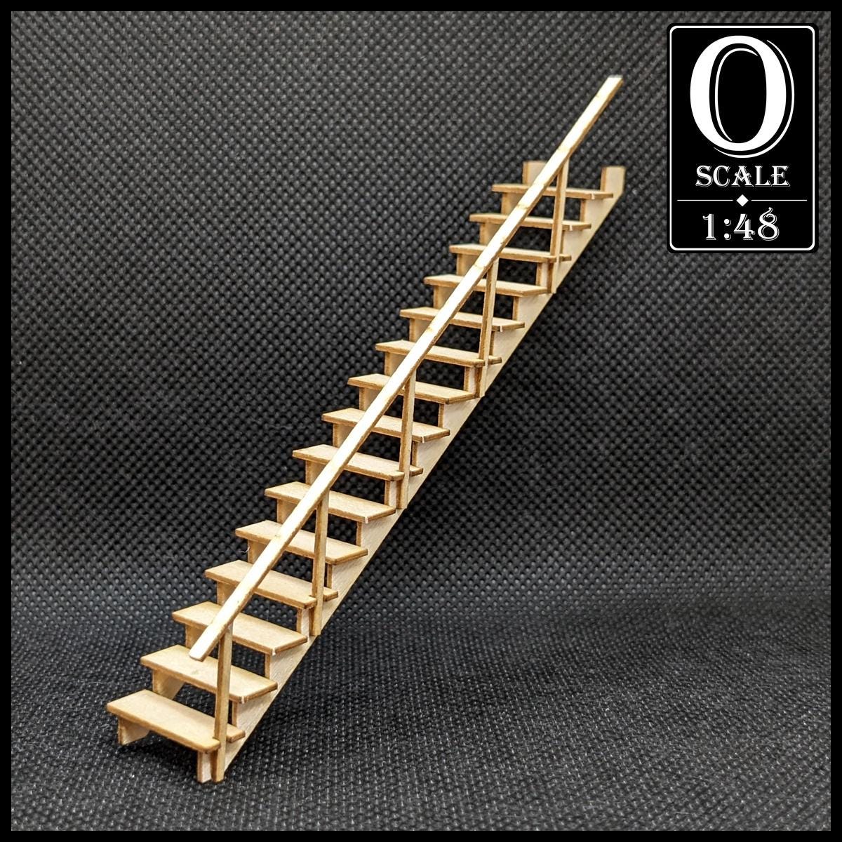 1:48 Scale 36" Open Staircase Kit with Single Side Railing, 38 Degree Rise Angle (unpainted wood)