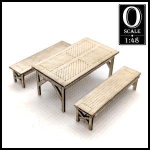 1:48 Scale Inlay Top Table with 2 Benches Kit (unpainted wood)