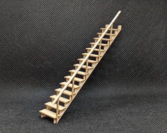 1:48 Scale 36" Open Staircase Kit with Single Side Railing, 38 Degree Rise Angle (unpainted wood)