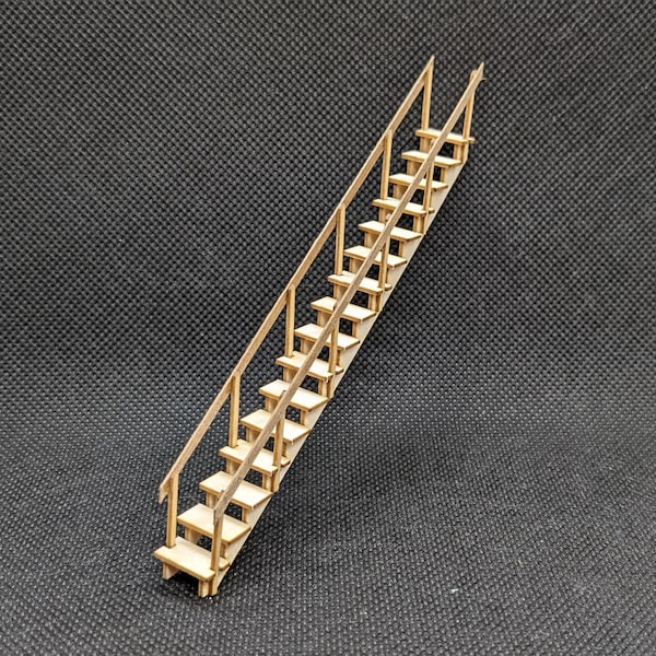 1:48 Scale 24" Open Staircase Kit with Double Side Railing, 38 Degree Rise Angle (unpainted wood)
