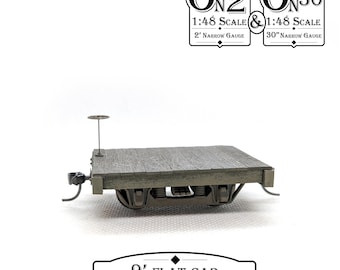 1:48 Scale On2/On30 Narrow Gauge 9' Flat Car Complete Kit (unpainted wood, metal, plastic, resin)
