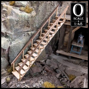 1:48 Scale 36&quot; Open Staircase Kit with Double Side Railing, 38 Degree Rise Angle (unpainted wood)