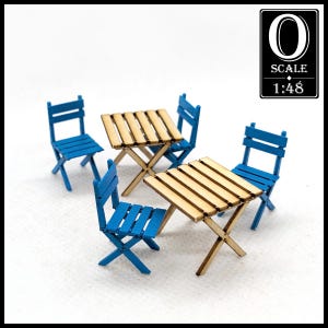 1:48 Scale Slatted Tables & Chairs Set Kit (unpainted wood)