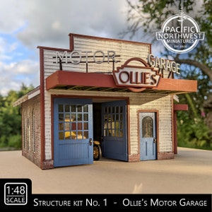 1:48 Scale Structure Kit &quot;Ollie&#39;s Motor Garage&quot; (unpainted wood, card, paper & plastic)