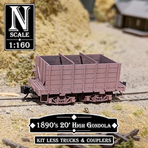 N Scale (1:160) - 1890's 20' High Side Gondola/Ore Car Kit LESS T&C (unpainted wood, metal, plastic)