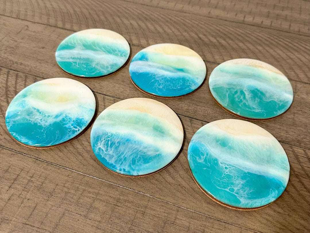 Wave Patterned Coaster Resin Ocean Wave Coasters, Hand Painted Wood, Set of 6 - Etsy