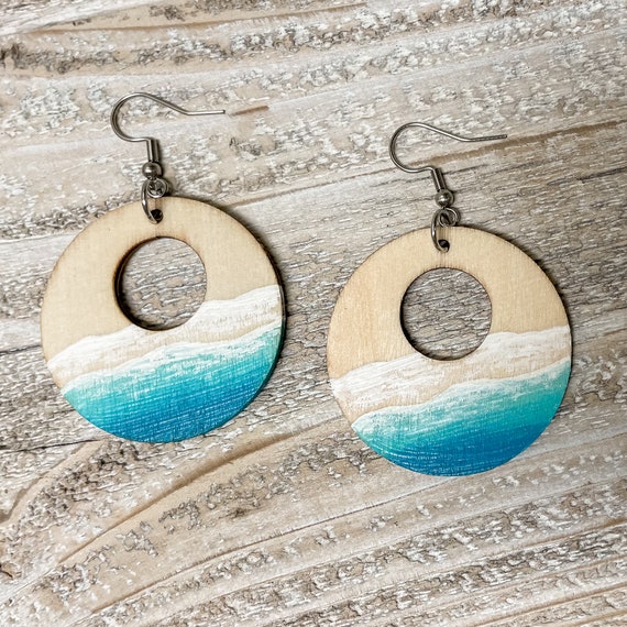 Buy Painted Ocean Wood Earrings Minimalist Beach Jewelry Hand
