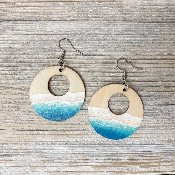 Painted Ocean Wood Earrings Minimalist Beach Jewelry Hand