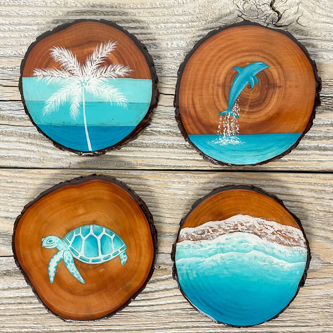 Ocean Coasters Set of 4 Hand Painted Natural Wood Resin Etsy