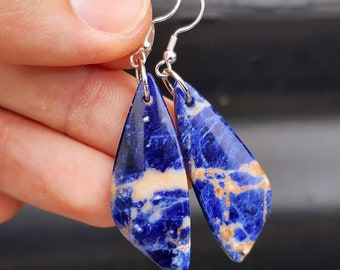 Solid Sterling Silver & Natural Sodalite Handmade Hanging Hook Earrings