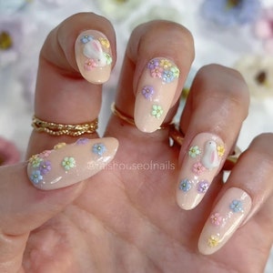 Spring Press on Nails, Flower Nails, Pastel Nails, 3D Nail Art, Bunny Nails, Cute Nails, Kawaii Nails