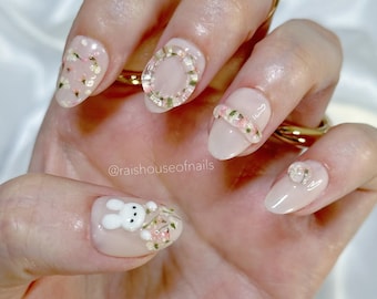 Jelly Press on Nails, Korean Nails, Flower Nails, 3D Nail Art, Short Almond Nails, Kawaii Nails, Japanese Nails, Spring Nails