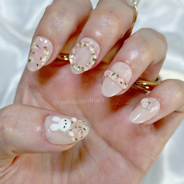 Jelly Press on Nails, Korean Nails, Flower Nails, 3D Nail Art, Short Almond Nails, Kawaii Nails, Japanese Nails, Spring Nails