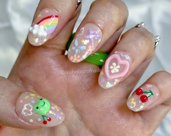 Korean Press on Nails, 3D Nail Art, Jelly Nails, Cute Nails, Froggy Nails, Short Almond Fake Nails, Kawaii Nails, Cute Nails