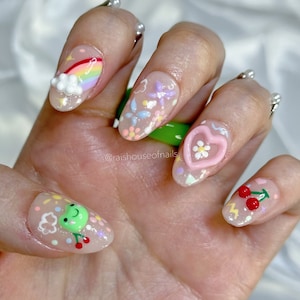 Cute Frog Press on Nails, Jelly Almond Fake Nails, Kawaii 3D Nail Art, Korean Nail Fashion