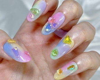 Watercolor Rainbow Press on Nails, Rhinestone Nails, Nails with Gems, Bling Nails, Handmade Nails, Almond Nails, Fake Nails