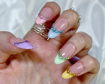 French Tip Press on Nails, Pastel Nails, Nails with Rhinestones, Rainbow Nails, Fake Nails, Short Nails