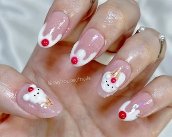 Cute Press on Nails, Ice Cream Nails, Bear Nails, 3D Nail Art, Summer Nails, Kawaii Nails, Short Almond Nails