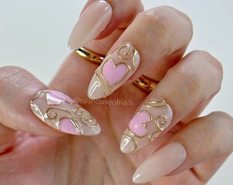 Valentine's Day Press on Nails, Heart Nails, Gold Nails, Metallic Nails, Fake Nails, Glue on Nails, Custom Nails