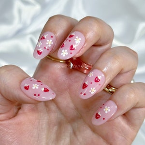 Strawberries and Flowers Press on Nails, Almond Short Nails, Kawaii Nails, Cute Nails, Custom Nails